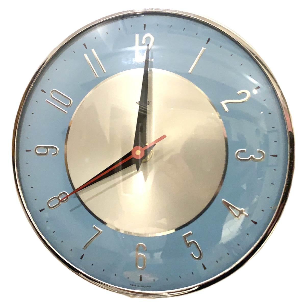1960s Metamec Wall Clock Blue Silver Bakelite Kitchen Clock Quartz 7 Inch
