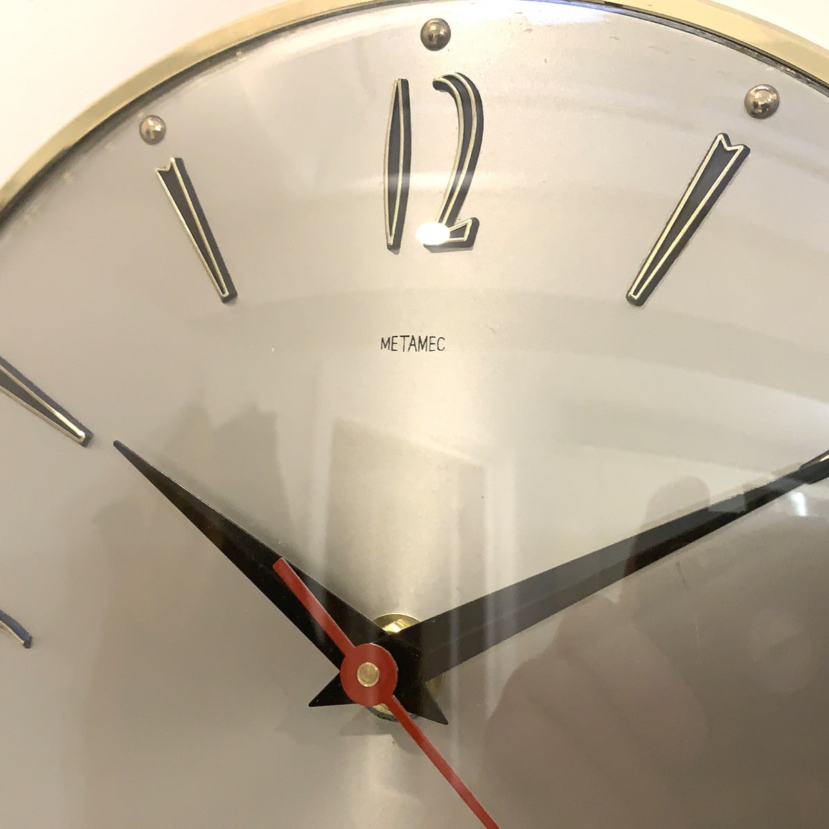 1960s Metamec Wall Clock – Satin Silver, Gold Baton Markers, Brass Bezel, Mid Century Modern