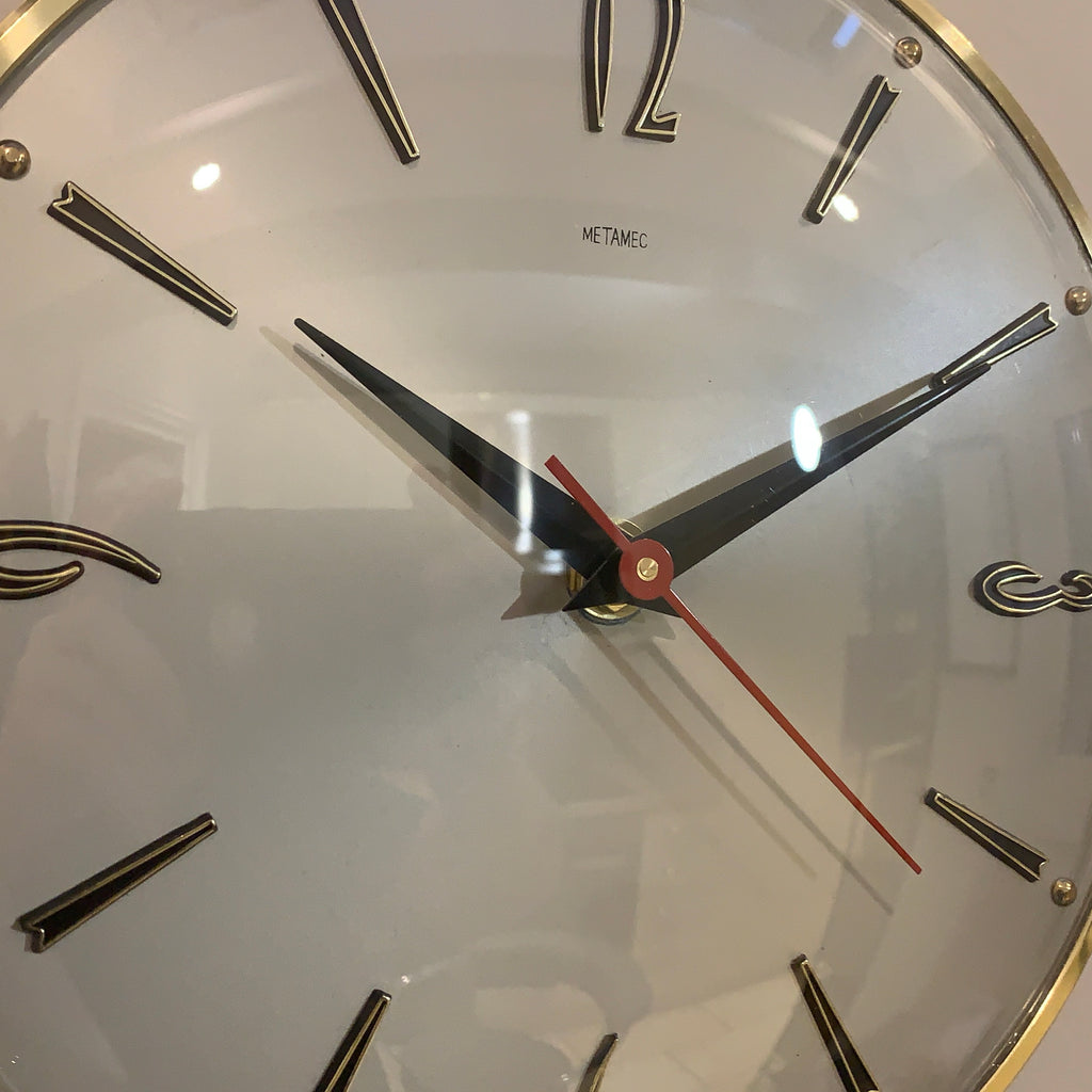 1960s Metamec Wall Clock – Satin Silver, Gold Baton Markers, Brass Bezel, Mid Century Modern