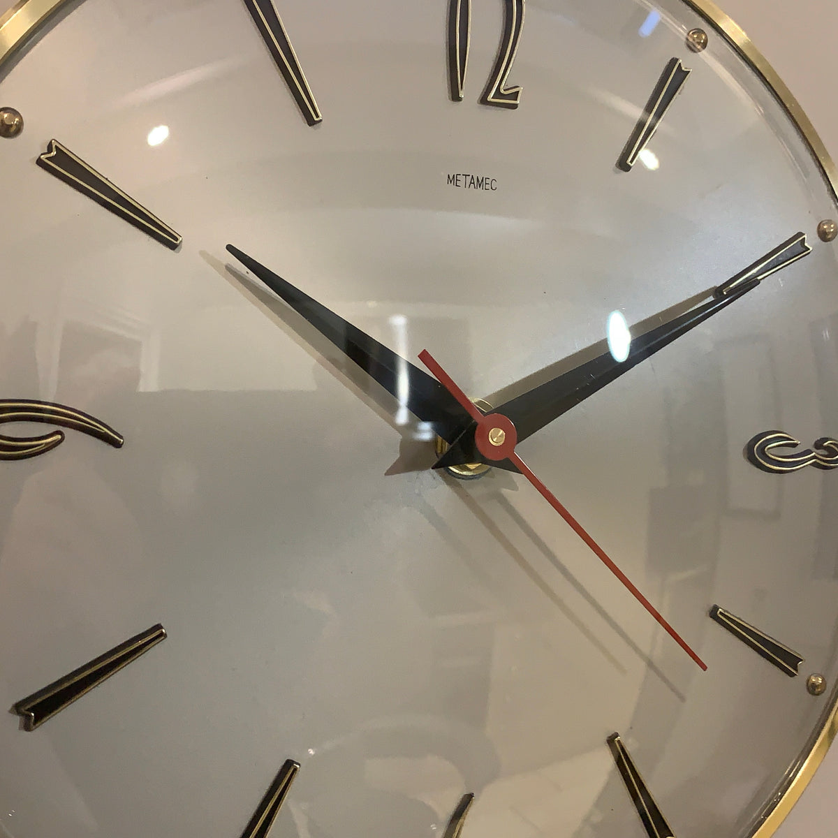 1960s Metamec Wall Clock – Satin Silver, Gold Baton Markers, Brass Bezel, Mid Century Modern