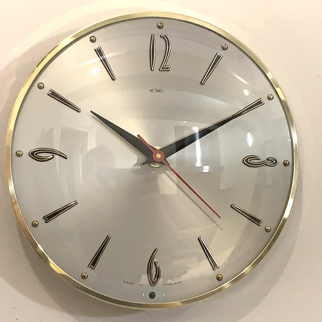 1960s Metamec Wall Clock – Satin Silver, Gold Baton Markers, Brass Bezel, Mid Century Modern