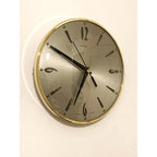 1960s Metamec Wall Clock – Satin Silver, Gold Baton Markers, Brass Bezel, Mid Century Modern