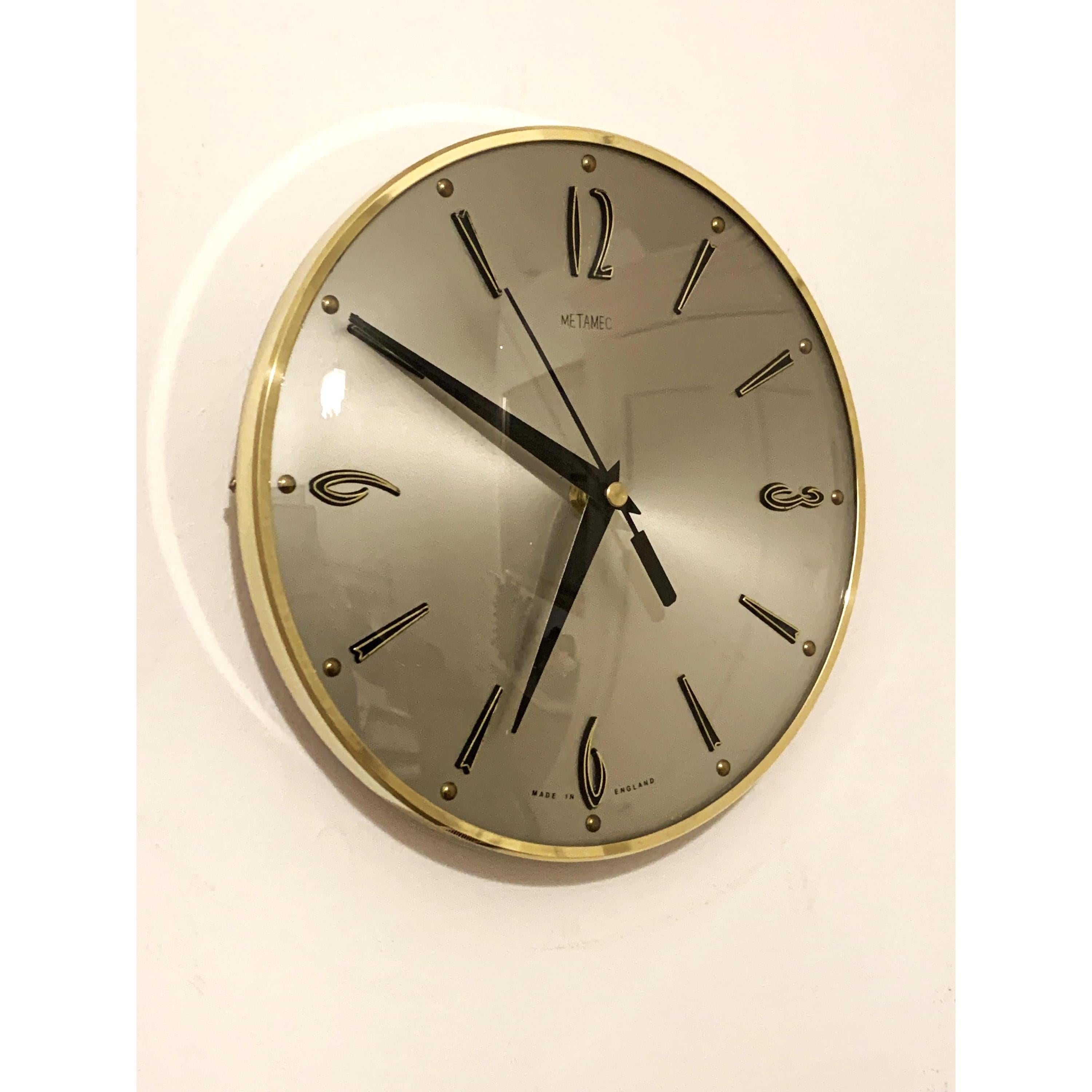 1960s Metamec Wall Clock – Satin Silver, Gold Baton Markers, Brass Bezel, Mid Century Modern