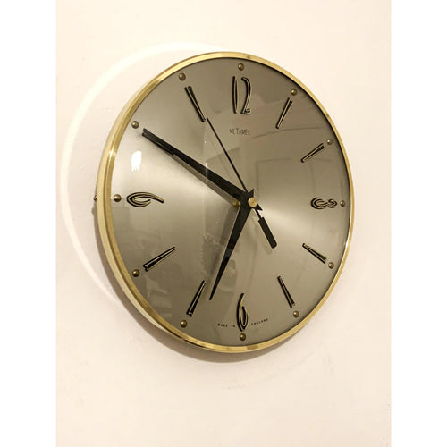 1960s Metamec Wall Clock – Satin Silver, Gold Baton Markers, Brass Bezel, Mid Century Modern