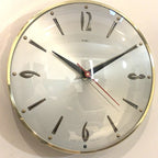 1960s Metamec Wall Clock – Satin Silver, Gold Baton Markers, Brass Bezel, Mid Century Modern