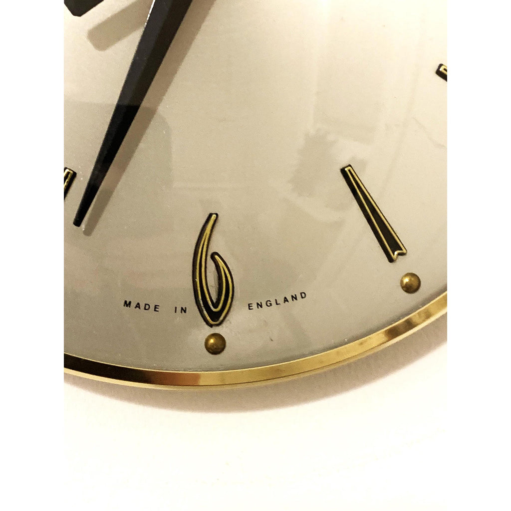 1960s Metamec Wall Clock – Satin Silver, Gold Baton Markers, Brass Bezel, Mid Century Modern