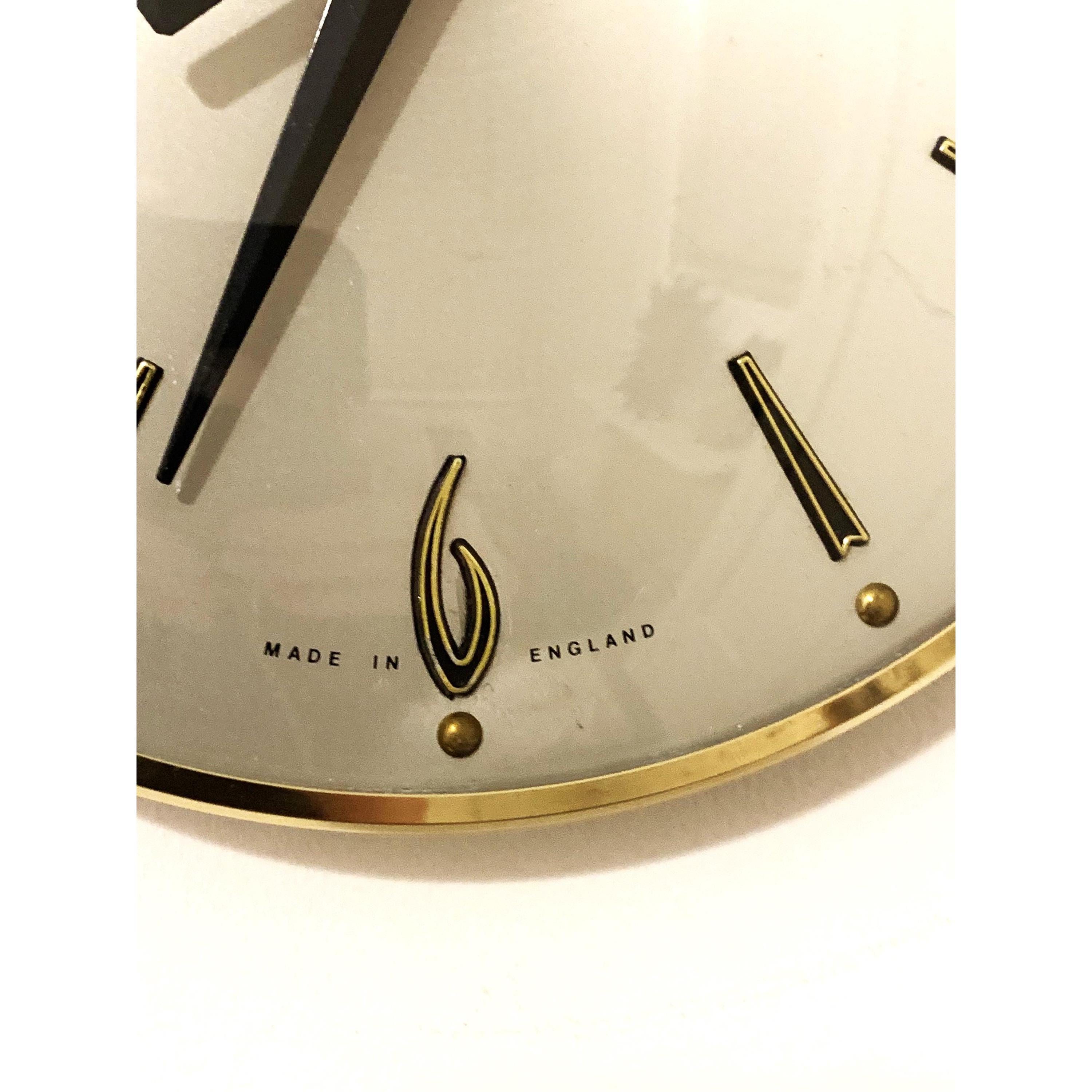 1960s Metamec Wall Clock – Satin Silver, Gold Baton Markers, Brass Bezel, Mid Century Modern