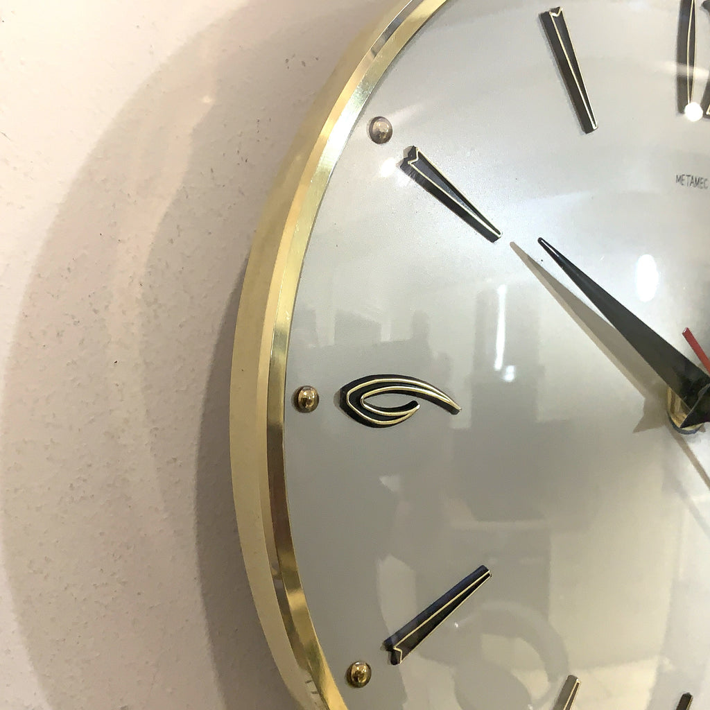 1960s Metamec Wall Clock – Satin Silver, Gold Baton Markers, Brass Bezel, Mid Century Modern