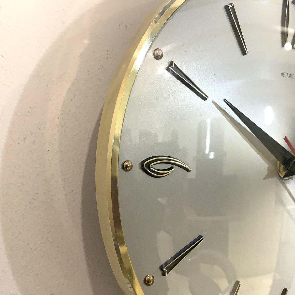 1960s Metamec Wall Clock – Satin Silver, Gold Baton Markers, Brass Bezel, Mid Century Modern