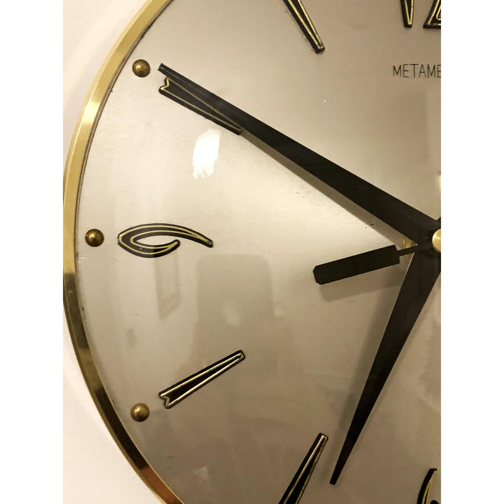 1960s Metamec Wall Clock – Satin Silver, Gold Baton Markers, Brass Bezel, Mid Century Modern