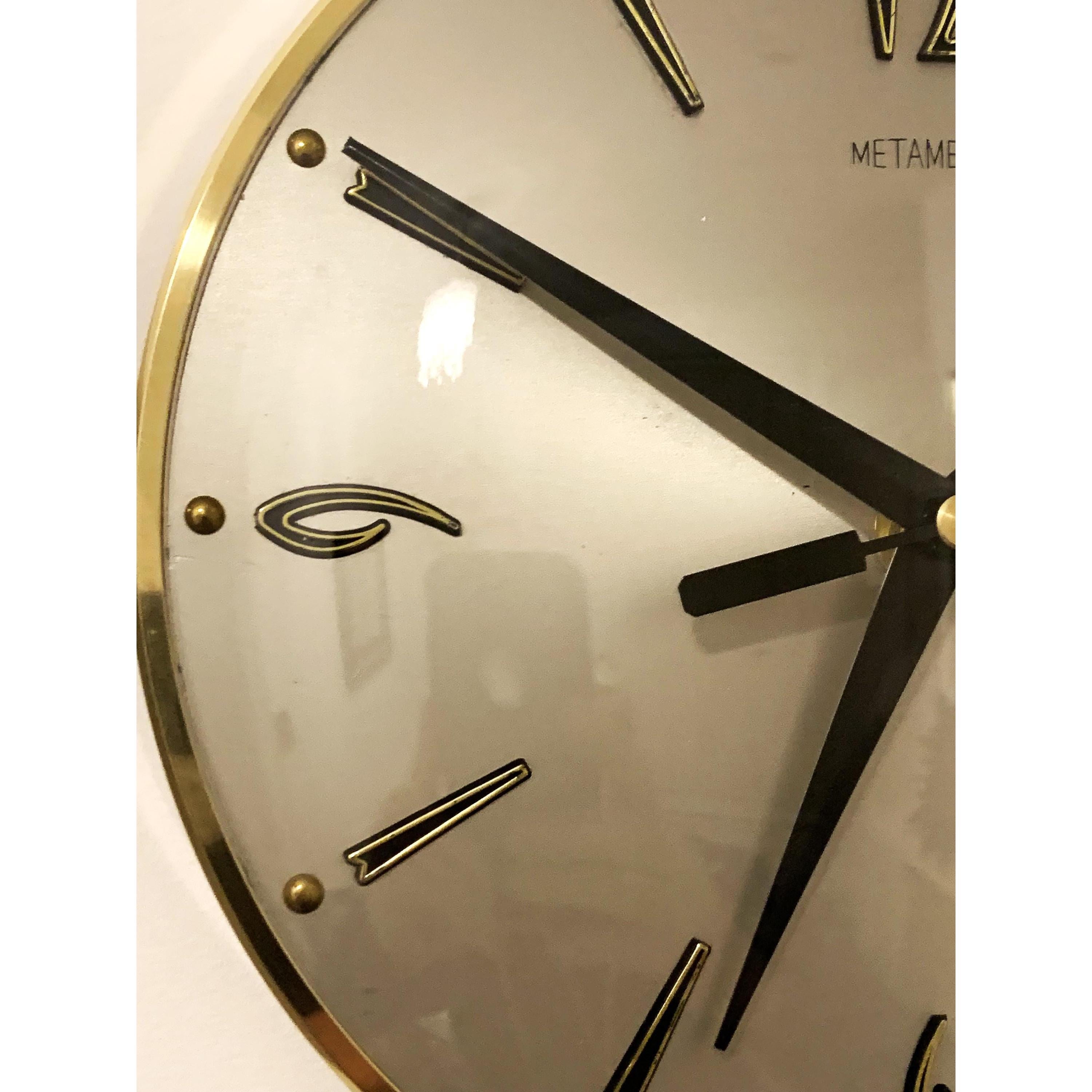 1960s Metamec Wall Clock – Satin Silver, Gold Baton Markers, Brass Bezel, Mid Century Modern