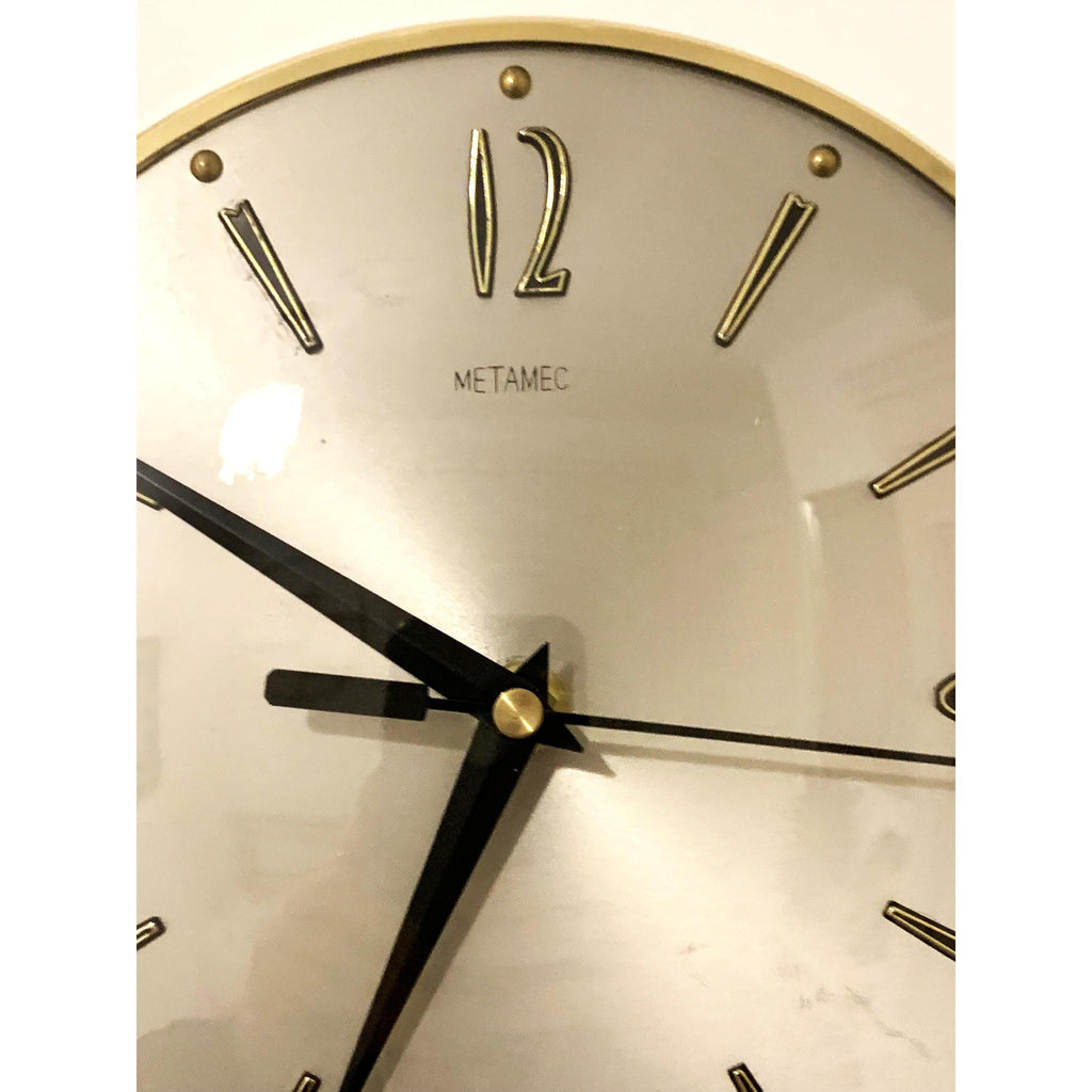 1960s Metamec Wall Clock – Satin Silver, Gold Baton Markers, Brass Bezel, Mid Century Modern
