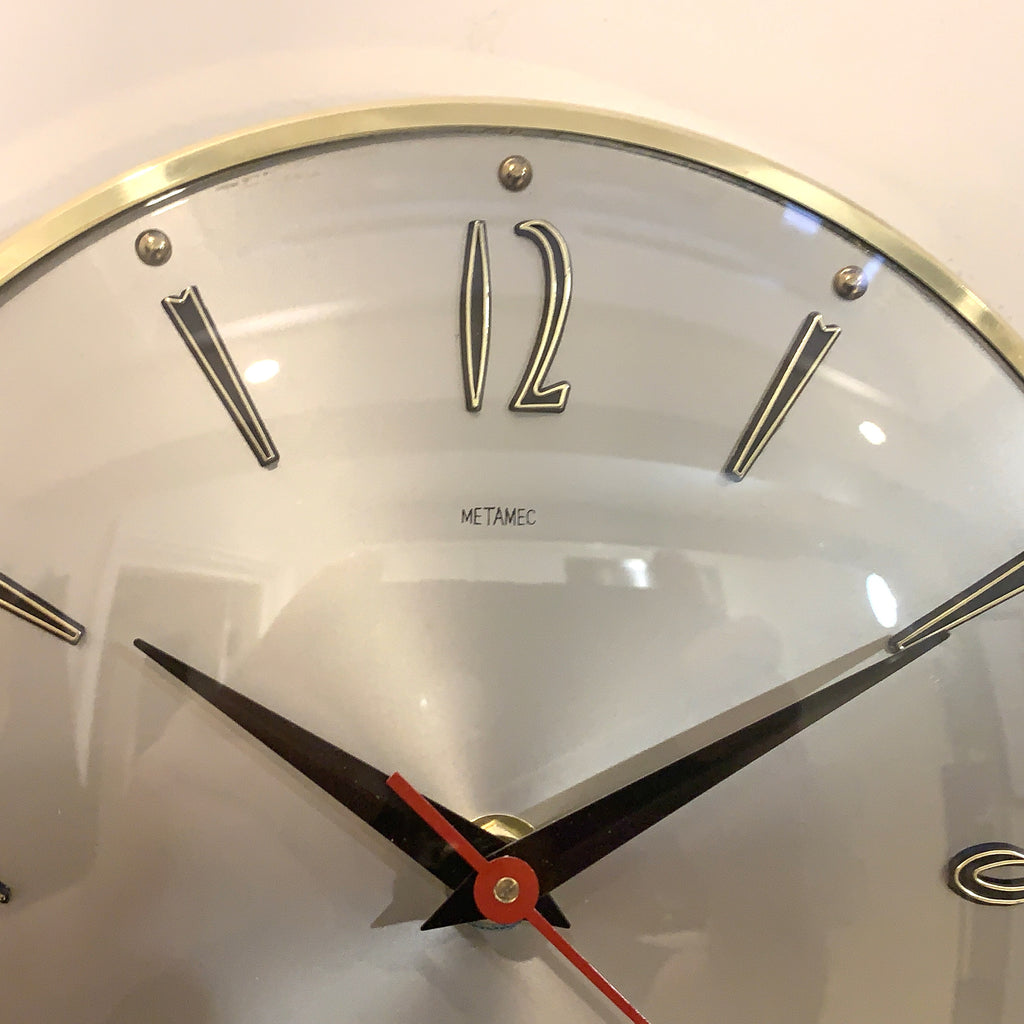 1960s Metamec Wall Clock – Satin Silver, Gold Baton Markers, Brass Bezel, Mid Century Modern