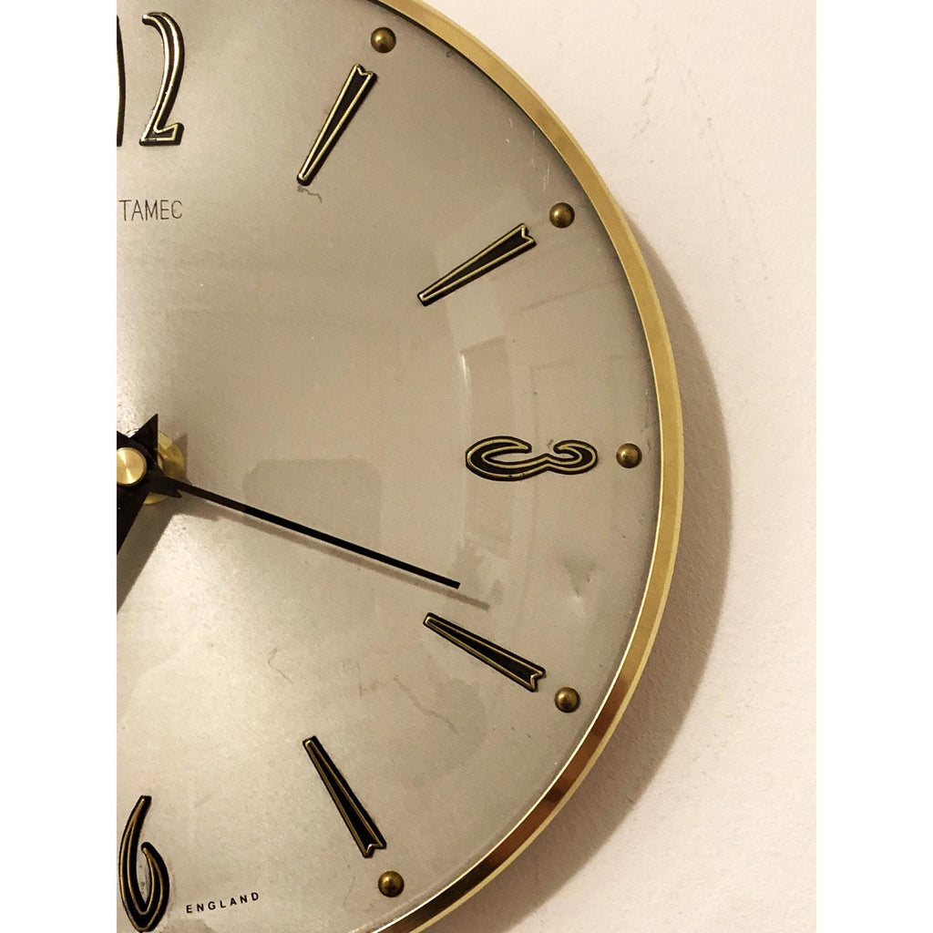 1960s Metamec Wall Clock – Satin Silver, Gold Baton Markers, Brass Bezel, Mid Century Modern