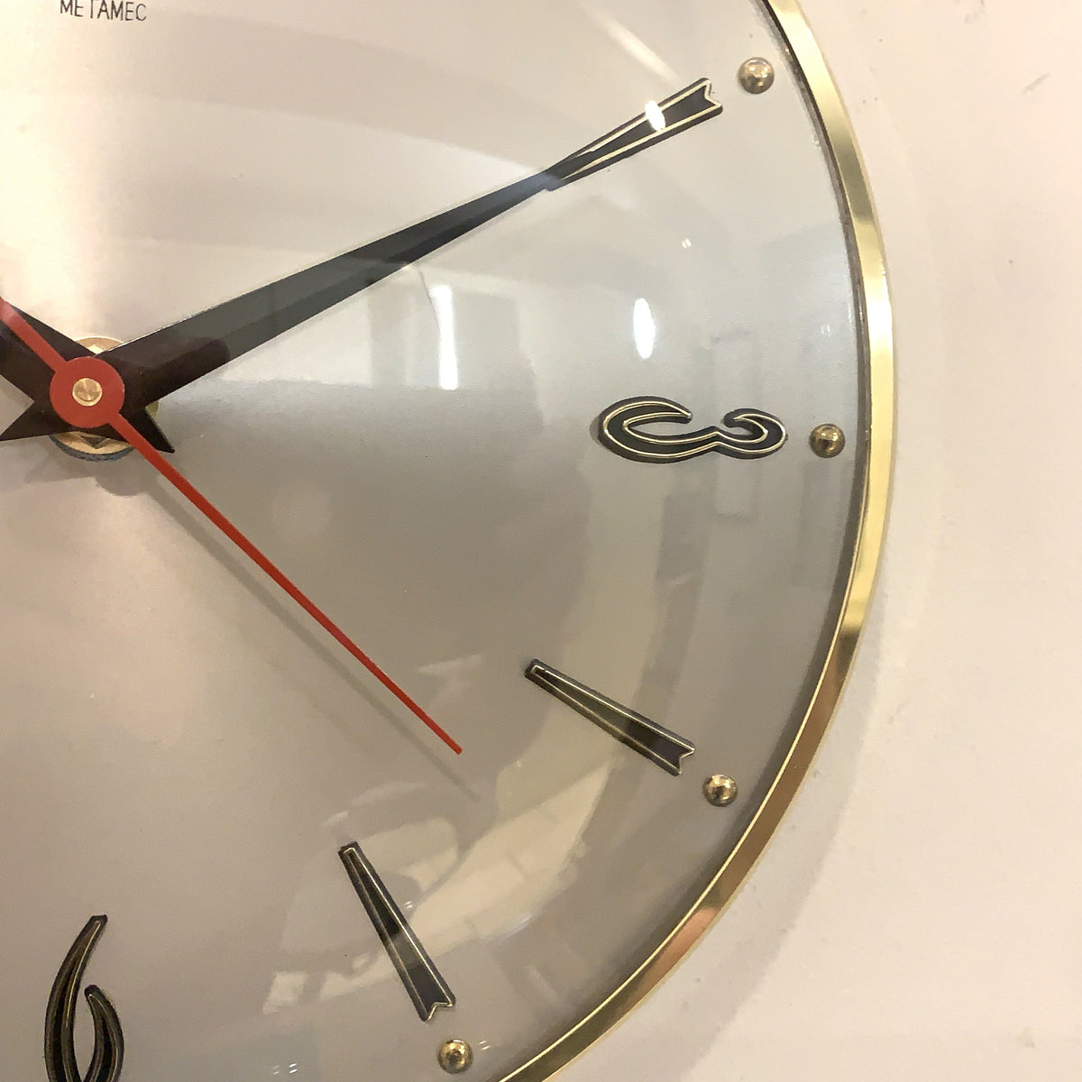 1960s Metamec Wall Clock – Satin Silver, Gold Baton Markers, Brass Bezel, Mid Century Modern