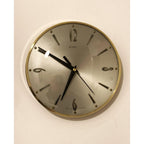 1960s Metamec Wall Clock – Satin Silver, Gold Baton Markers, Brass Bezel, Mid Century Modern