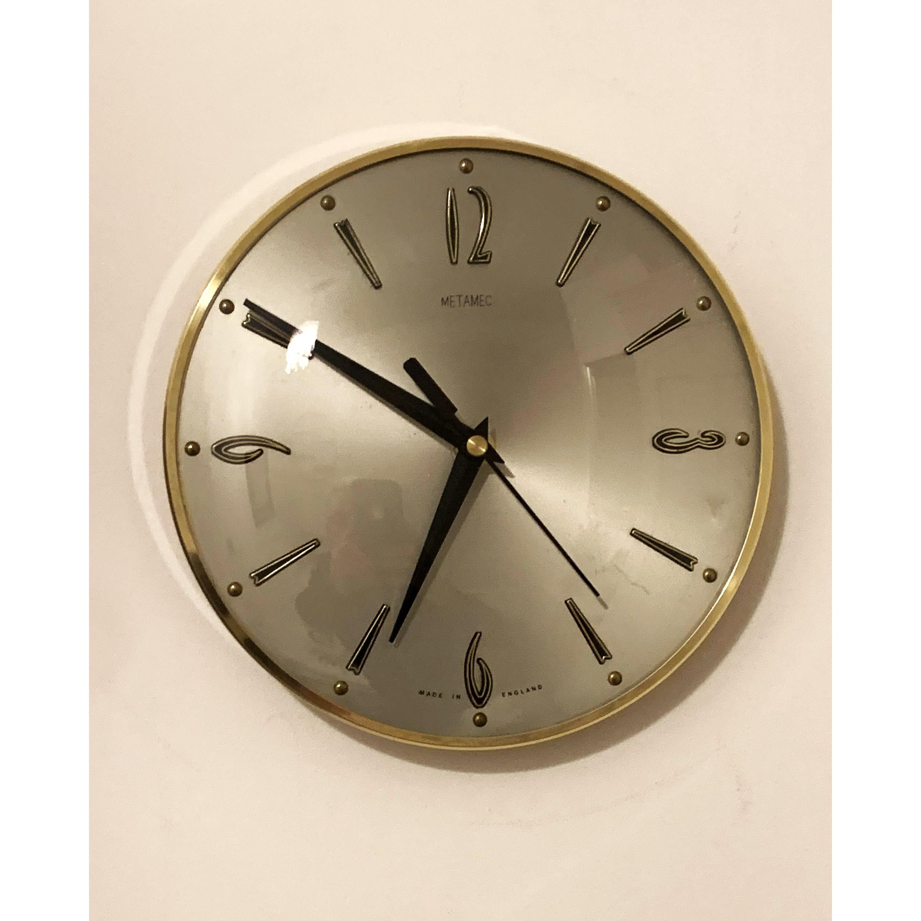 1960s Metamec Wall Clock – Satin Silver, Gold Baton Markers, Brass Bezel, Mid Century Modern