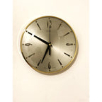 1960s Metamec Wall Clock – Satin Silver, Gold Baton Markers, Brass Bezel, Mid Century Modern