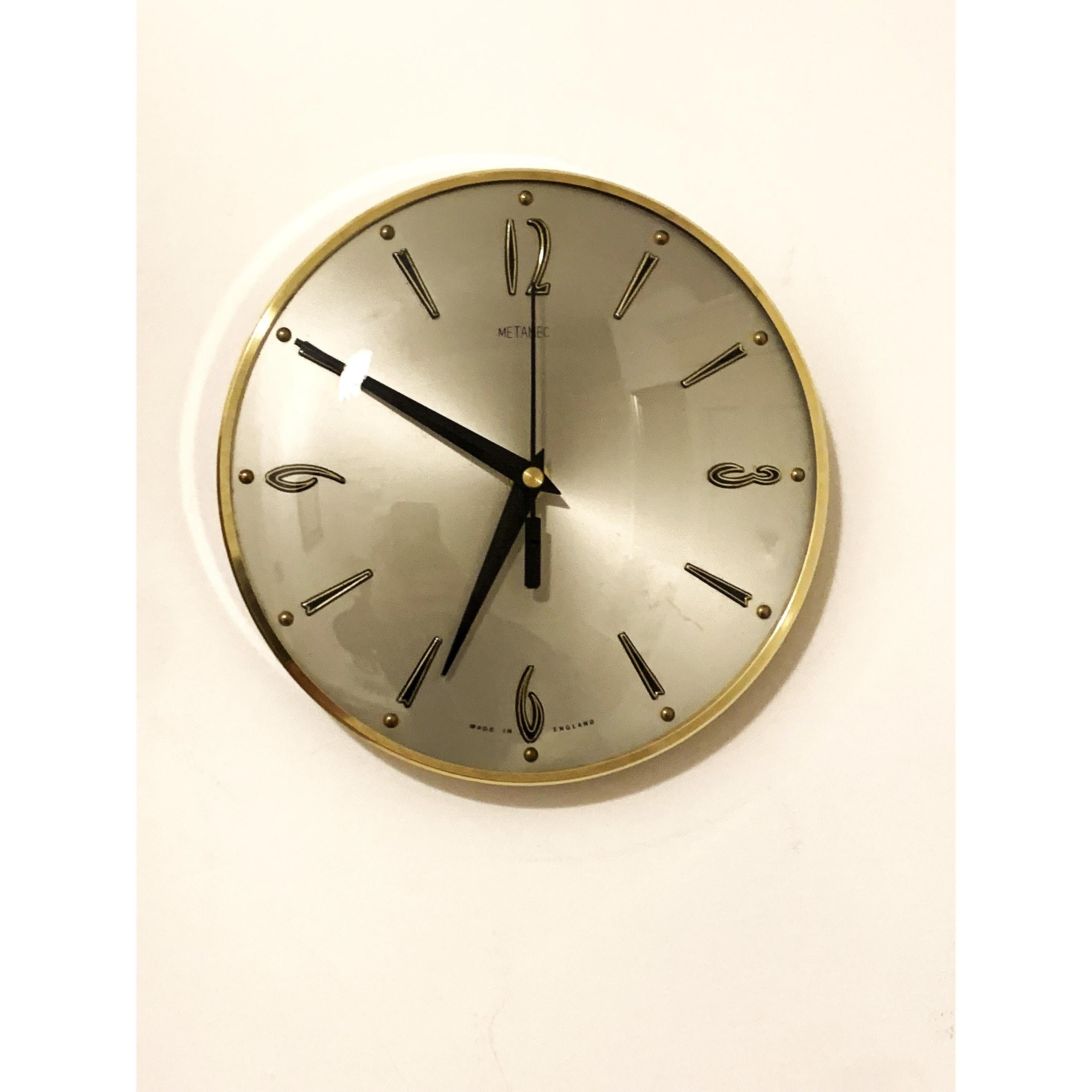 1960s Metamec Wall Clock – Satin Silver, Gold Baton Markers, Brass Bezel, Mid Century Modern