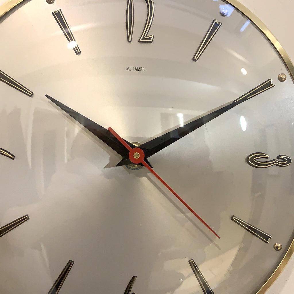 1960s Metamec Wall Clock – Satin Silver, Gold Baton Markers, Brass Bezel, Mid Century Modern