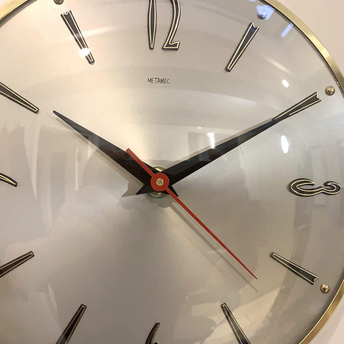 1960s Metamec Wall Clock – Satin Silver, Gold Baton Markers, Brass Bezel, Mid Century Modern