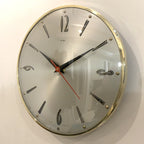 1960s Metamec Wall Clock – Satin Silver, Gold Baton Markers, Brass Bezel, Mid Century Modern