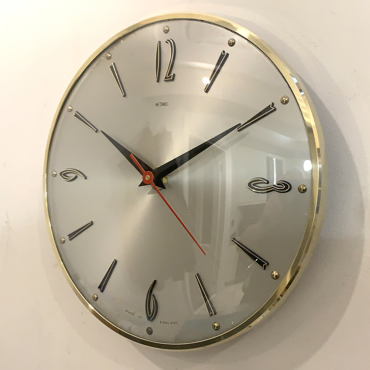 1960s Metamec Wall Clock – Satin Silver, Gold Baton Markers, Brass Bezel, Mid Century Modern