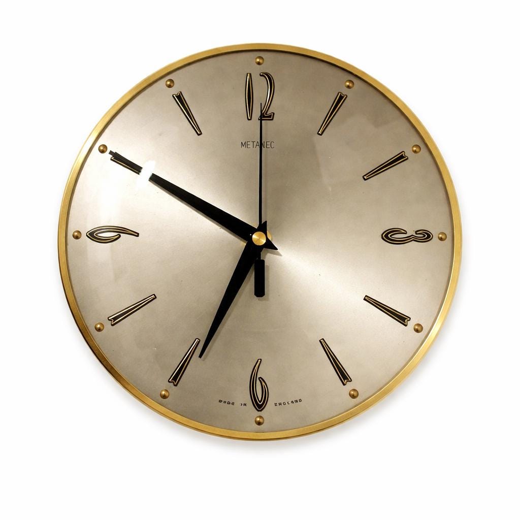 1960s Metamec Wall Clock – Satin Silver, Gold Baton Markers, Brass Bezel, Mid Century Modern