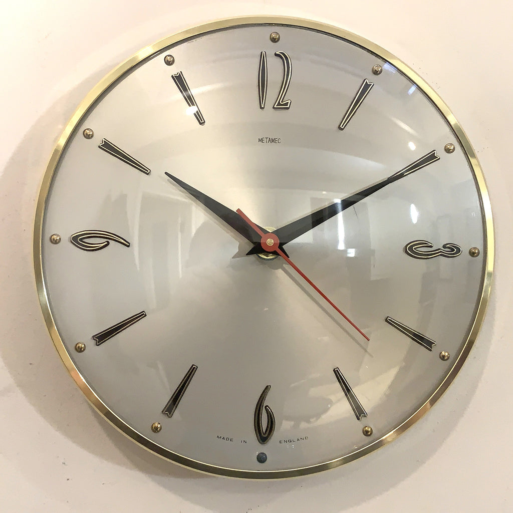 1960s Metamec Wall Clock – Satin Silver, Gold Baton Markers, Brass Bezel, Mid Century Modern