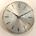 1960s Metamec Wall Clock – Satin Silver, Gold Baton Markers, Brass Bezel, Mid Century Modern