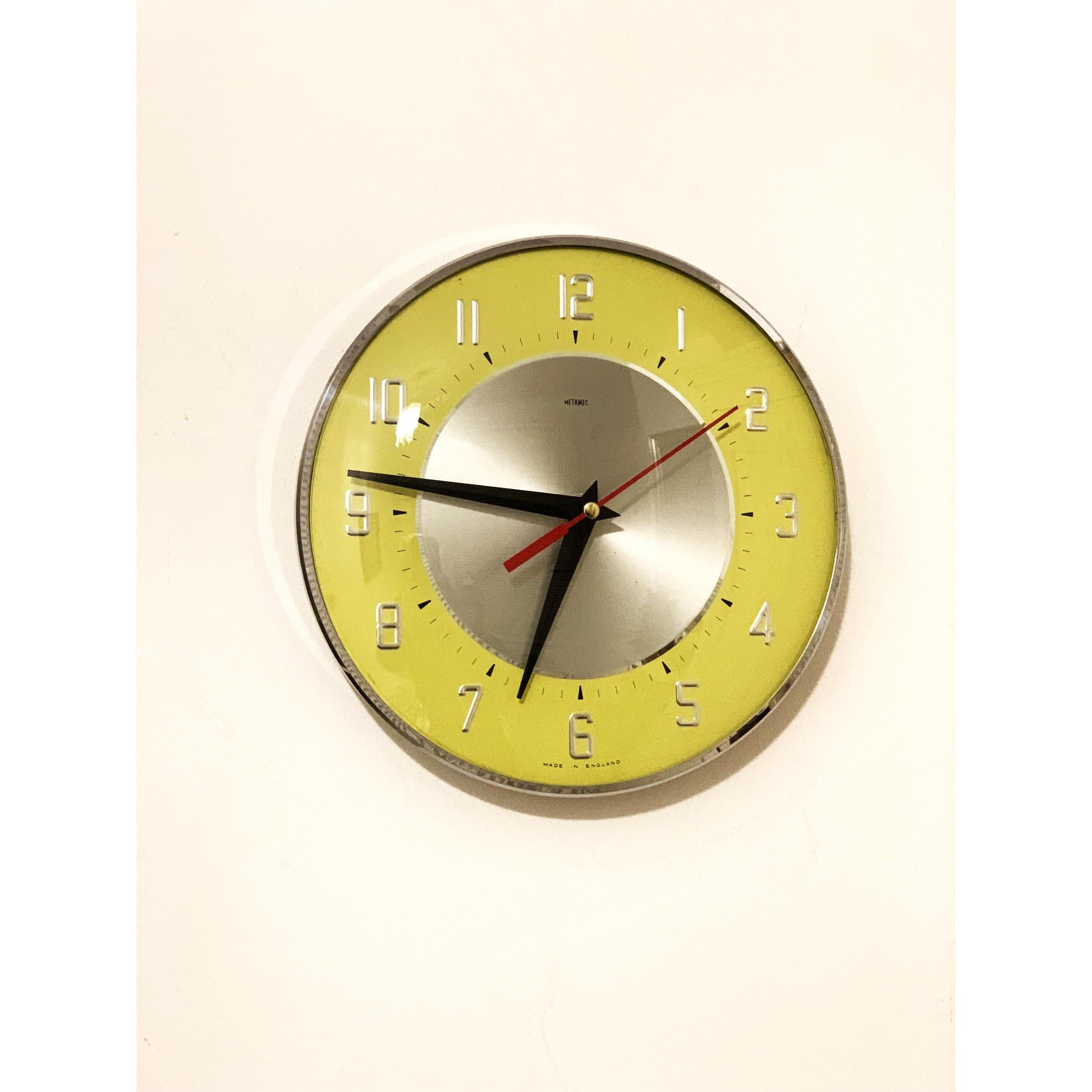 1960s Metamec Yellow Wall Clock – Silver Centre, Raised Numerals, Mid Century Modern