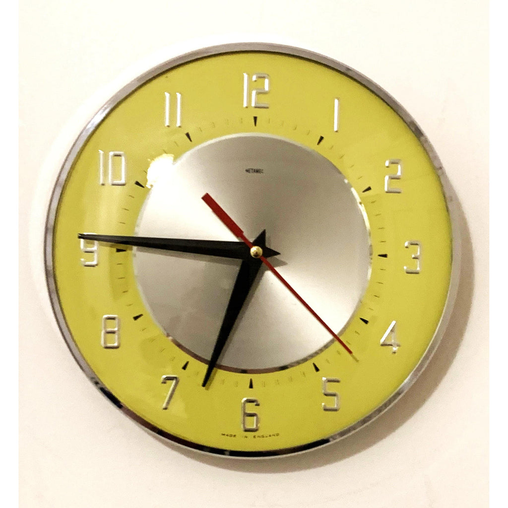 1960s Metamec Yellow Wall Clock – Silver Centre, Raised Numerals, Mid Century Modern