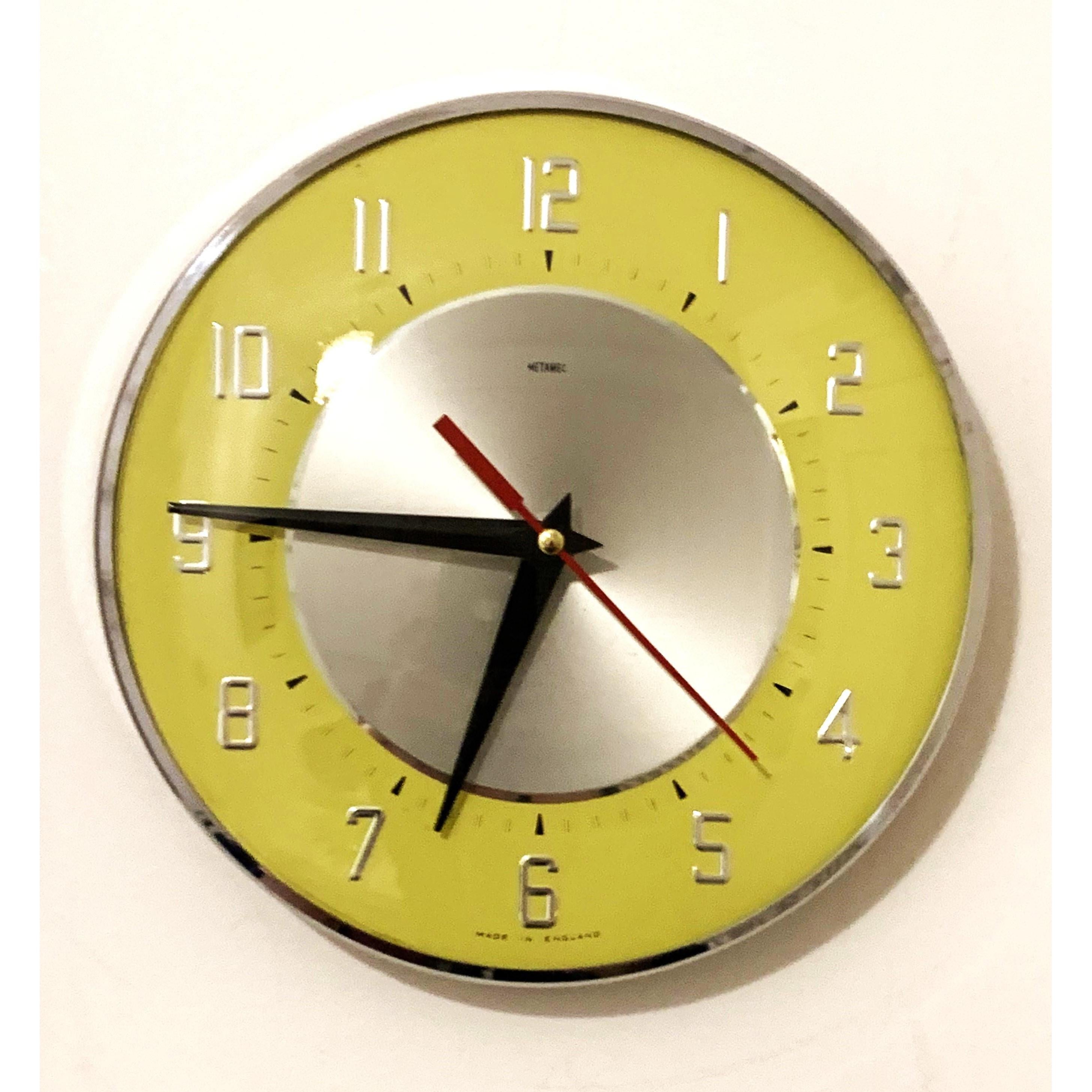 1960s Metamec Yellow Wall Clock – Silver Centre, Raised Numerals, Mid Century Modern
