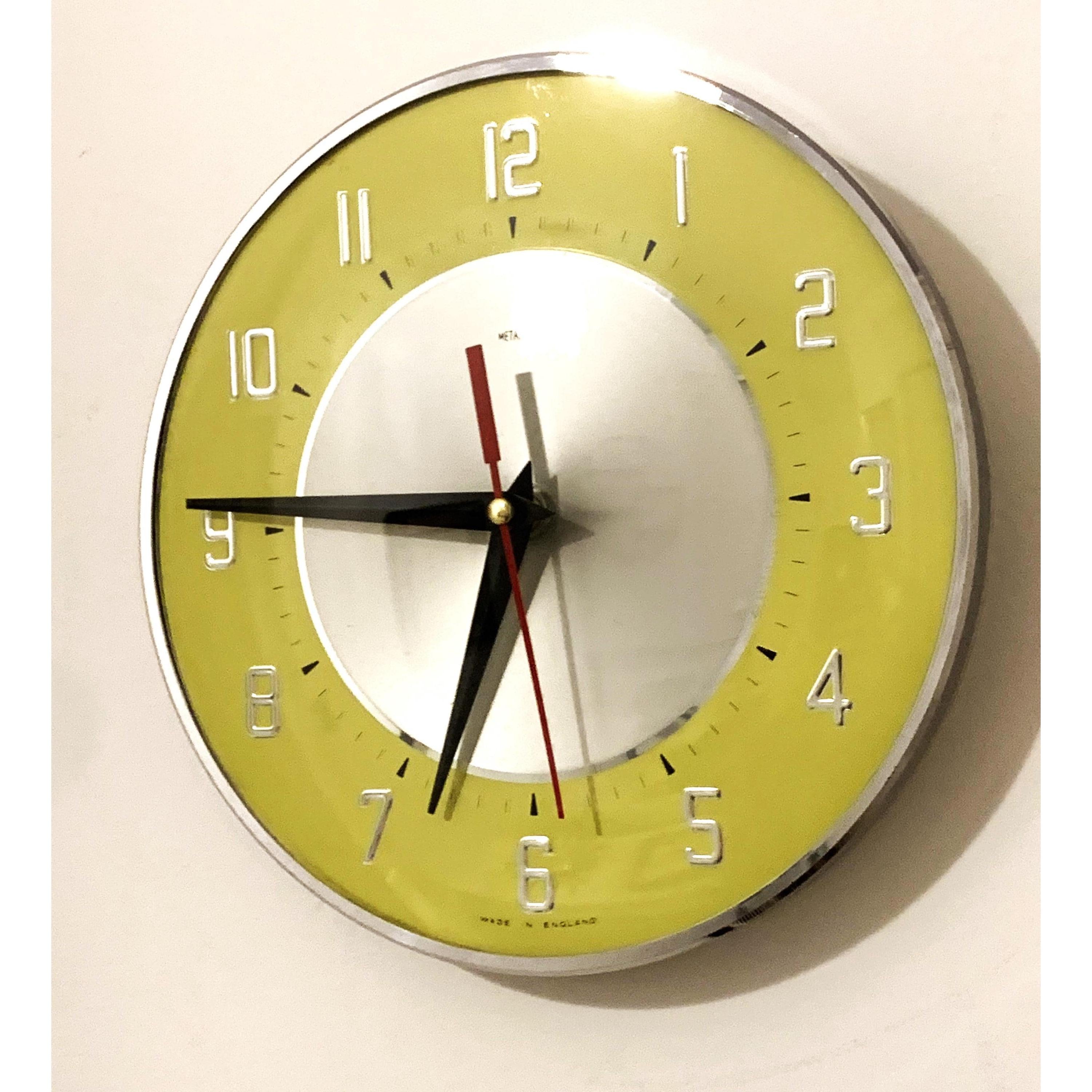 1960s Metamec Yellow Wall Clock – Silver Centre, Raised Numerals, Mid Century Modern