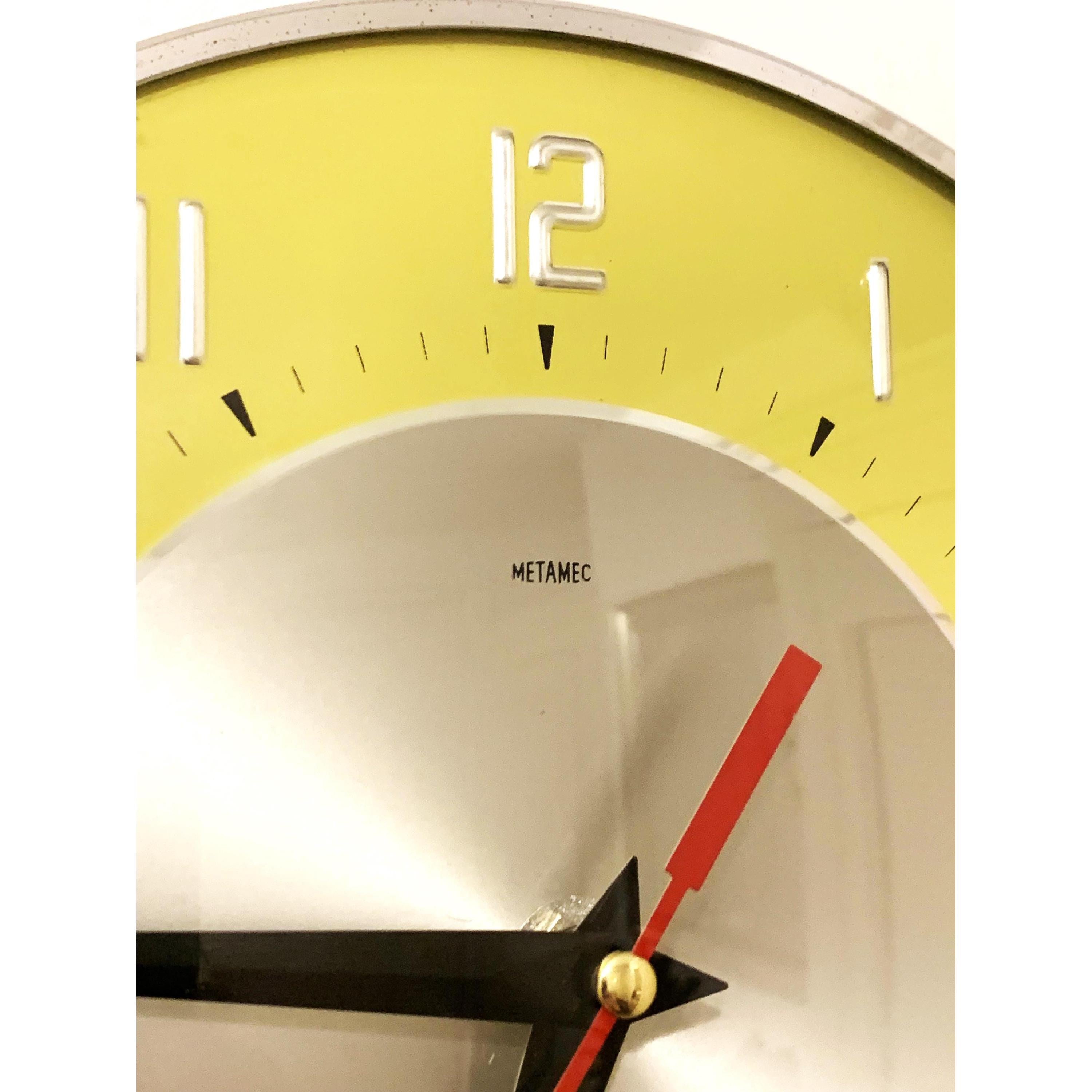 1960s Metamec Yellow Wall Clock – Silver Centre, Raised Numerals, Mid Century Modern