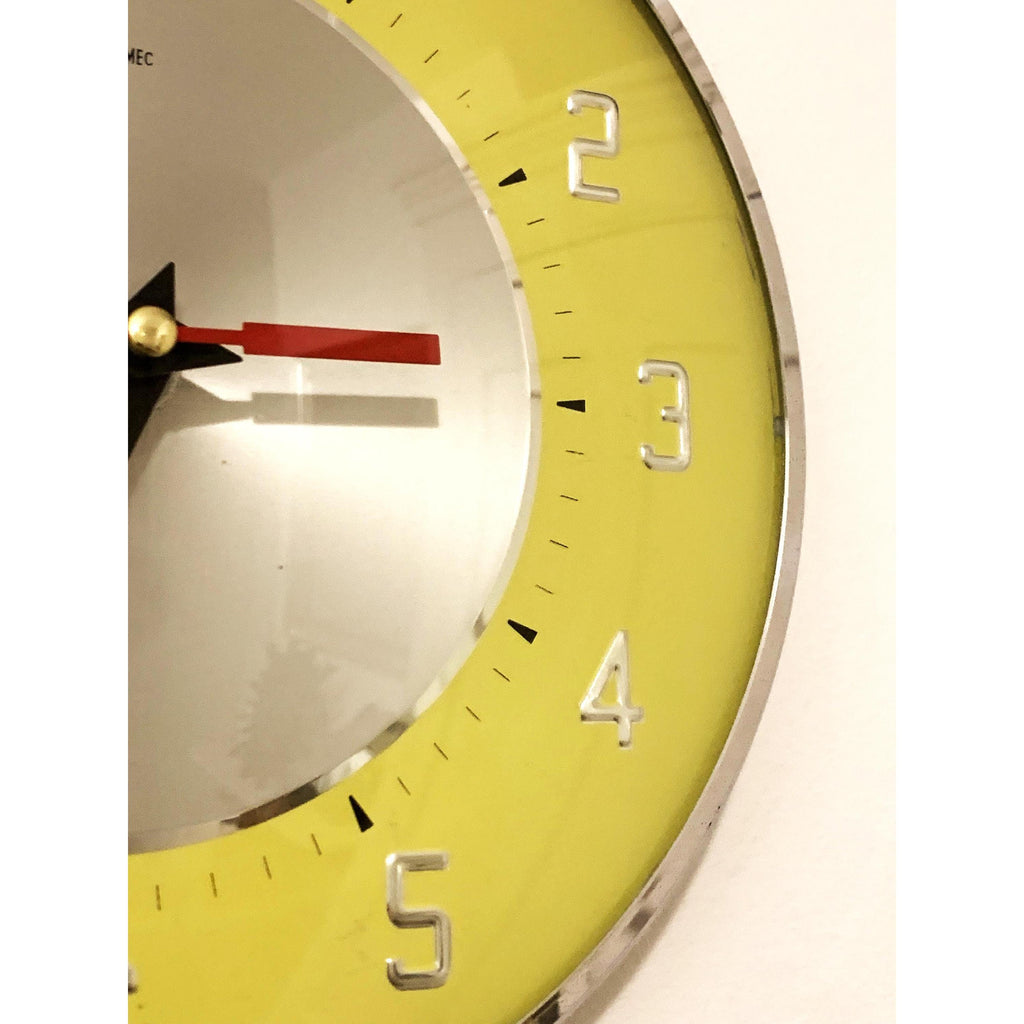 1960s Metamec Yellow Wall Clock – Silver Centre, Raised Numerals, Mid Century Modern