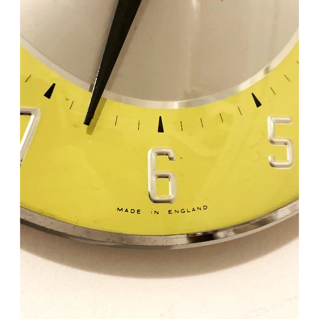 1960s Metamec Yellow Wall Clock – Silver Centre, Raised Numerals, Mid Century Modern