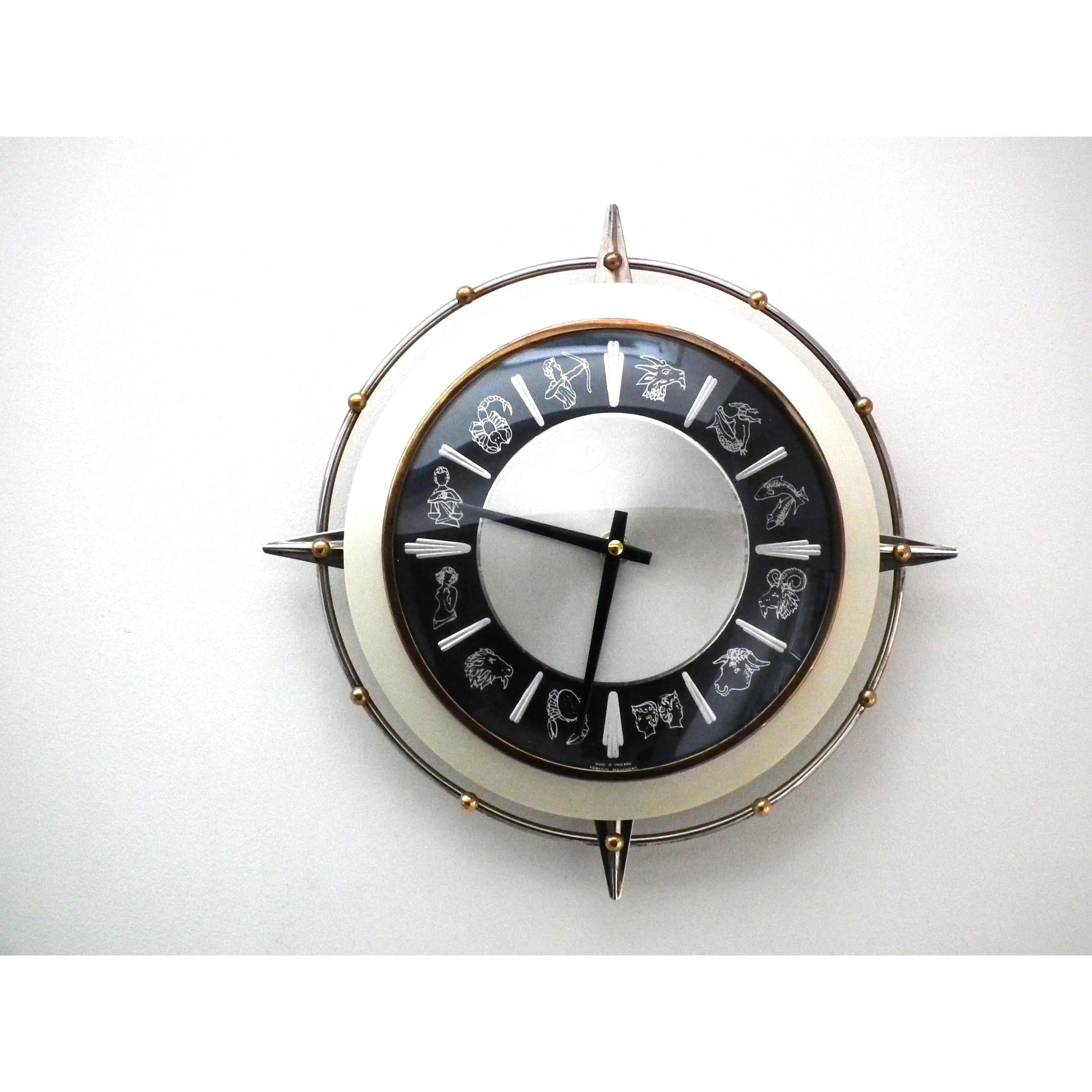 1960s Metamec Zodiac Wall Clock – Atomic Starburst Mid Century Modern Brass Bezel