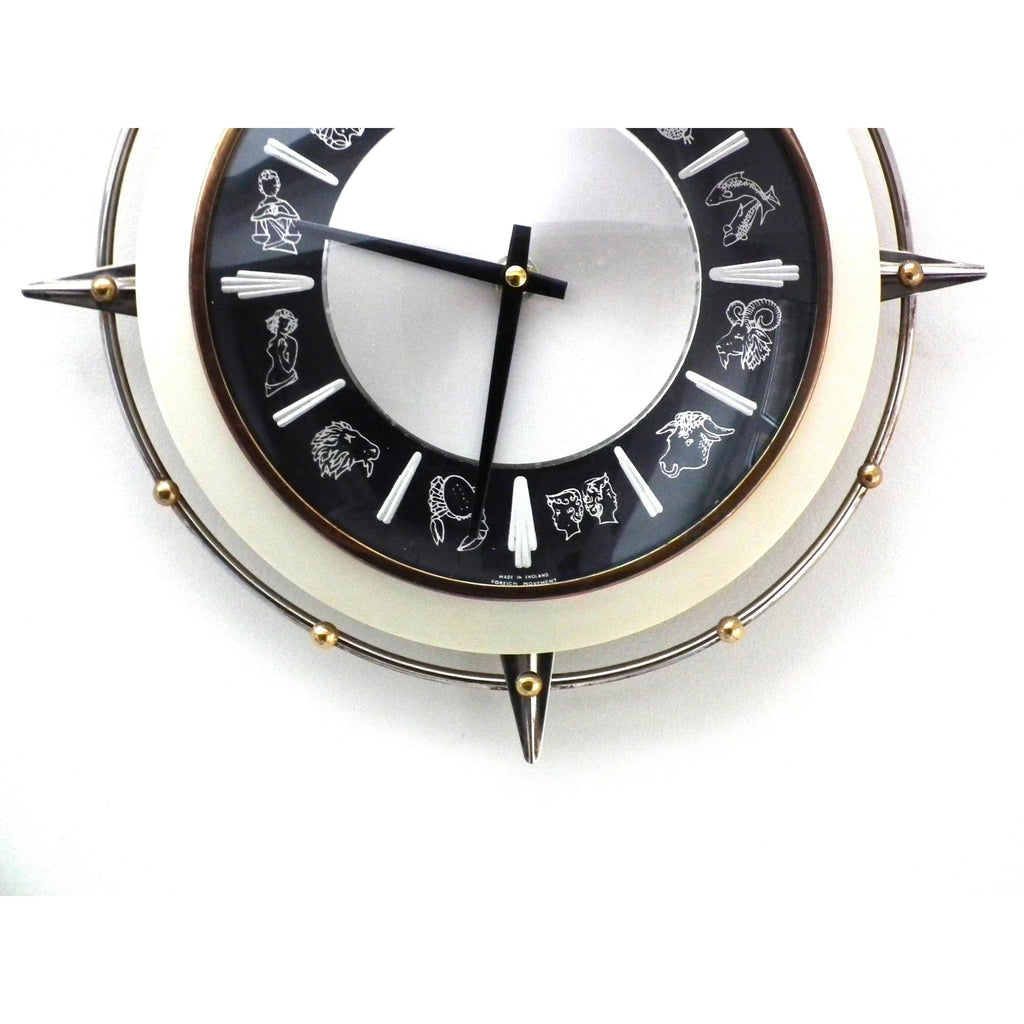 1960s Metamec Zodiac Wall Clock – Atomic Starburst Mid Century Modern Brass Bezel