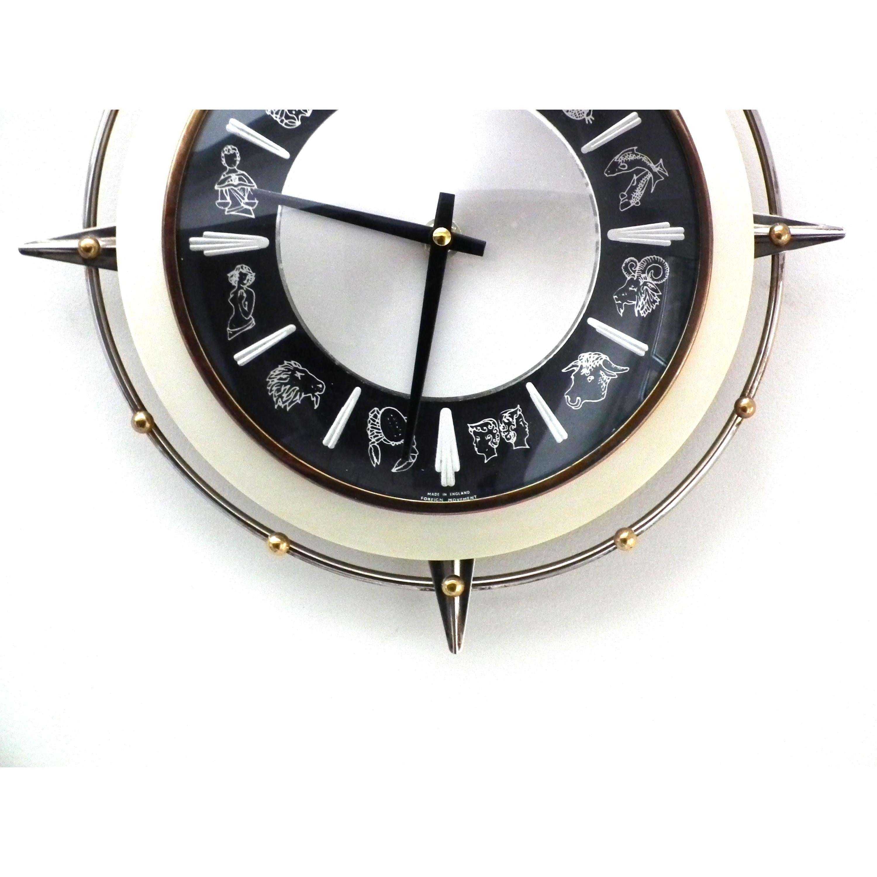 1960s Metamec Zodiac Wall Clock – Atomic Starburst Mid Century Modern Brass Bezel