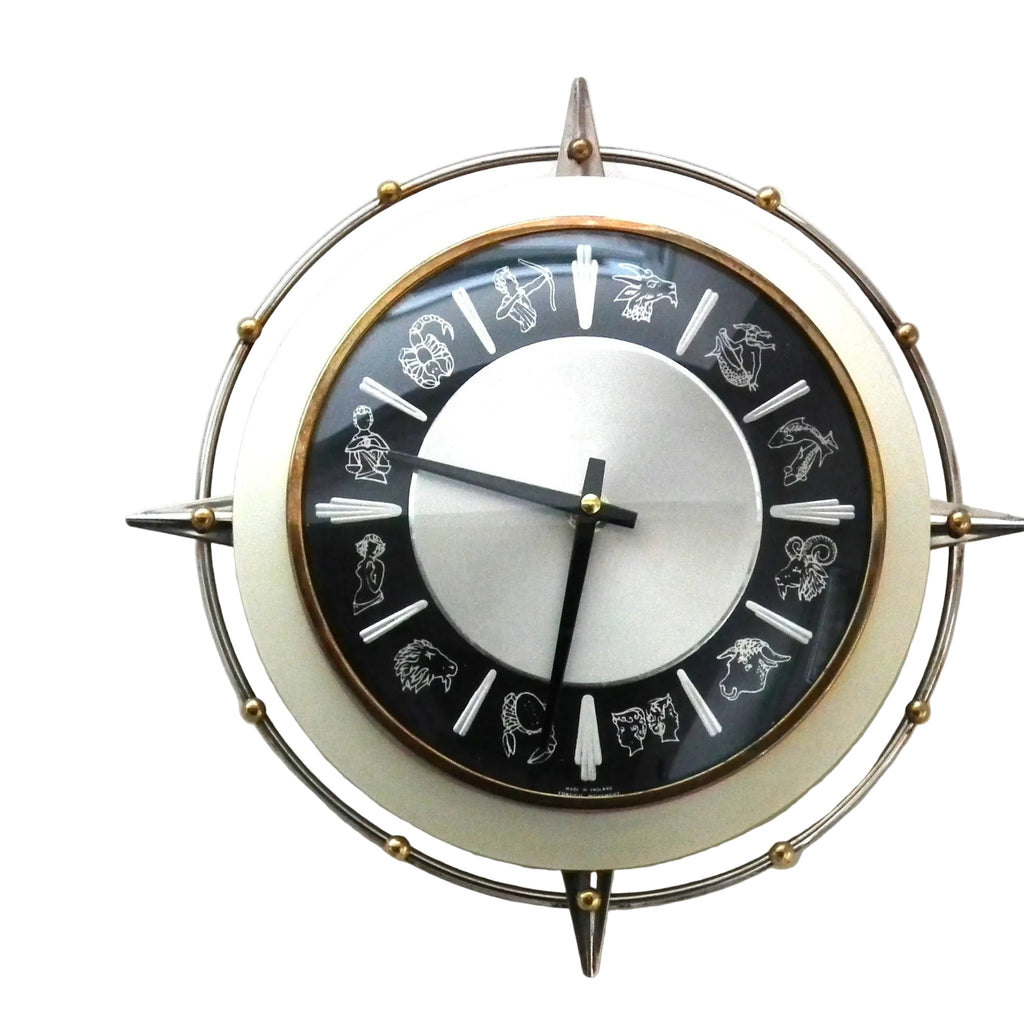 1960s Metamec Zodiac Wall Clock – Atomic Starburst Mid Century Modern Brass Bezel