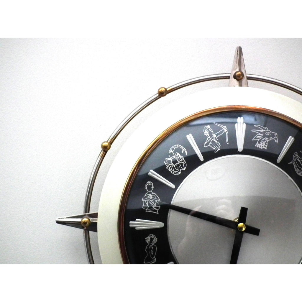 1960s Metamec Zodiac Wall Clock – Atomic Starburst Mid Century Modern Brass Bezel