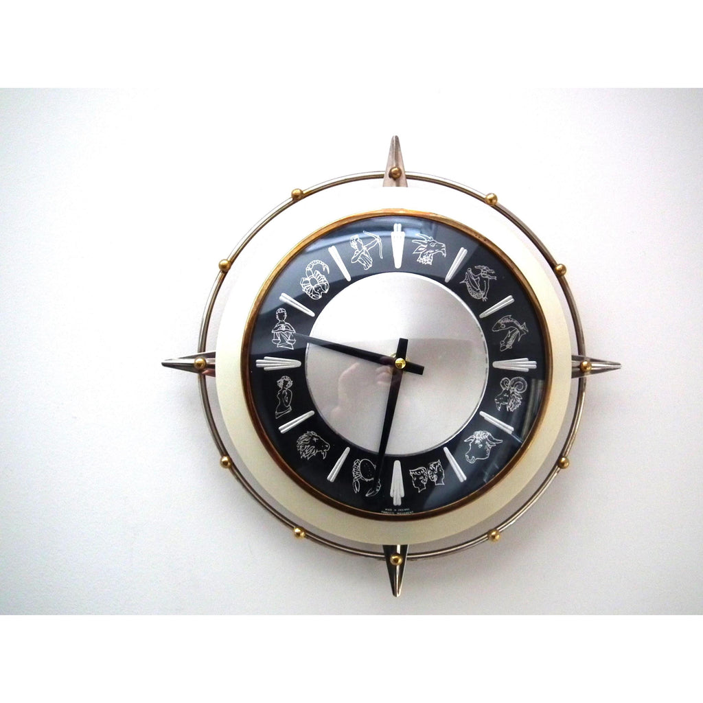 1960s Metamec Zodiac Wall Clock – Atomic Starburst Mid Century Modern Brass Bezel