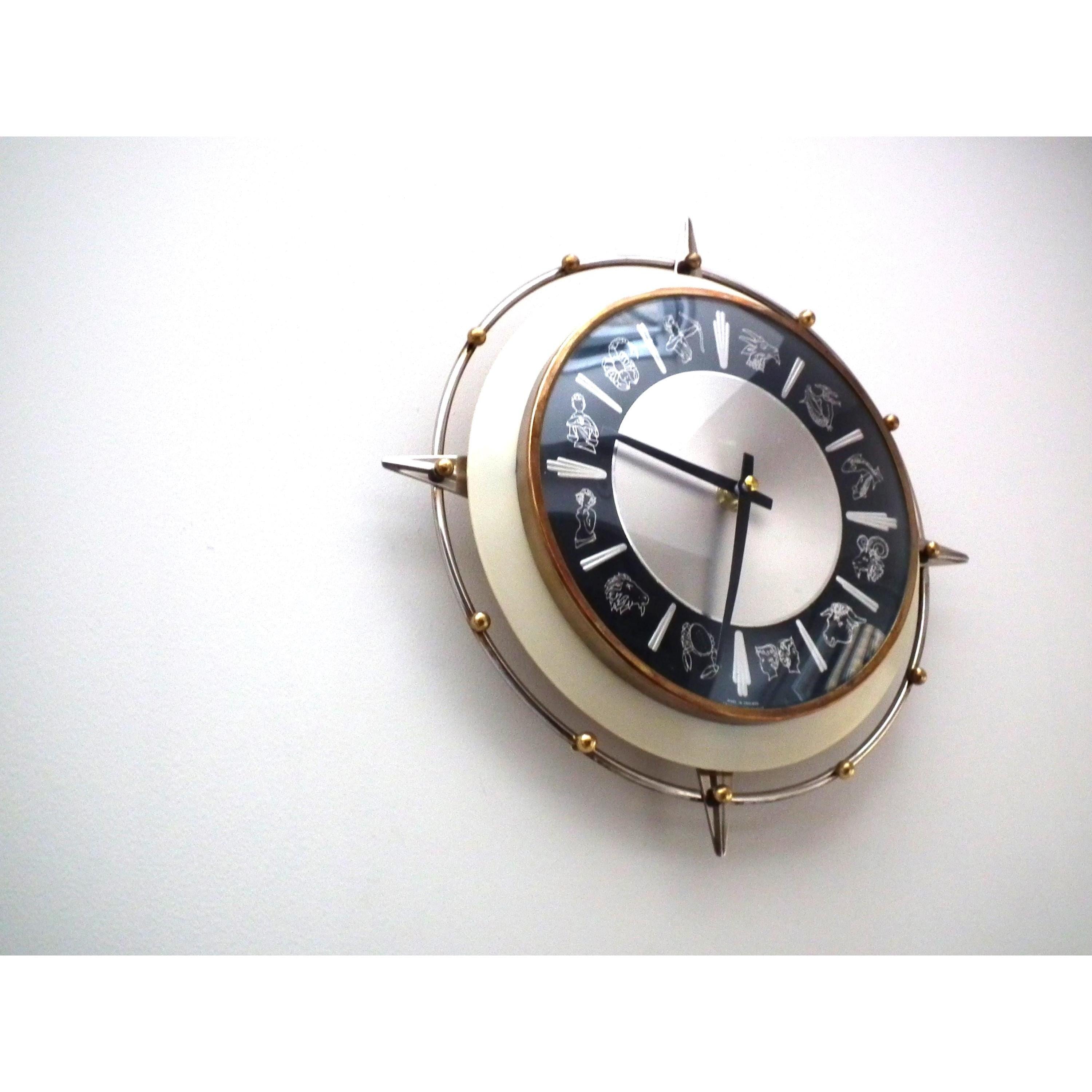 1960s Metamec Zodiac Wall Clock – Atomic Starburst Mid Century Modern Brass Bezel