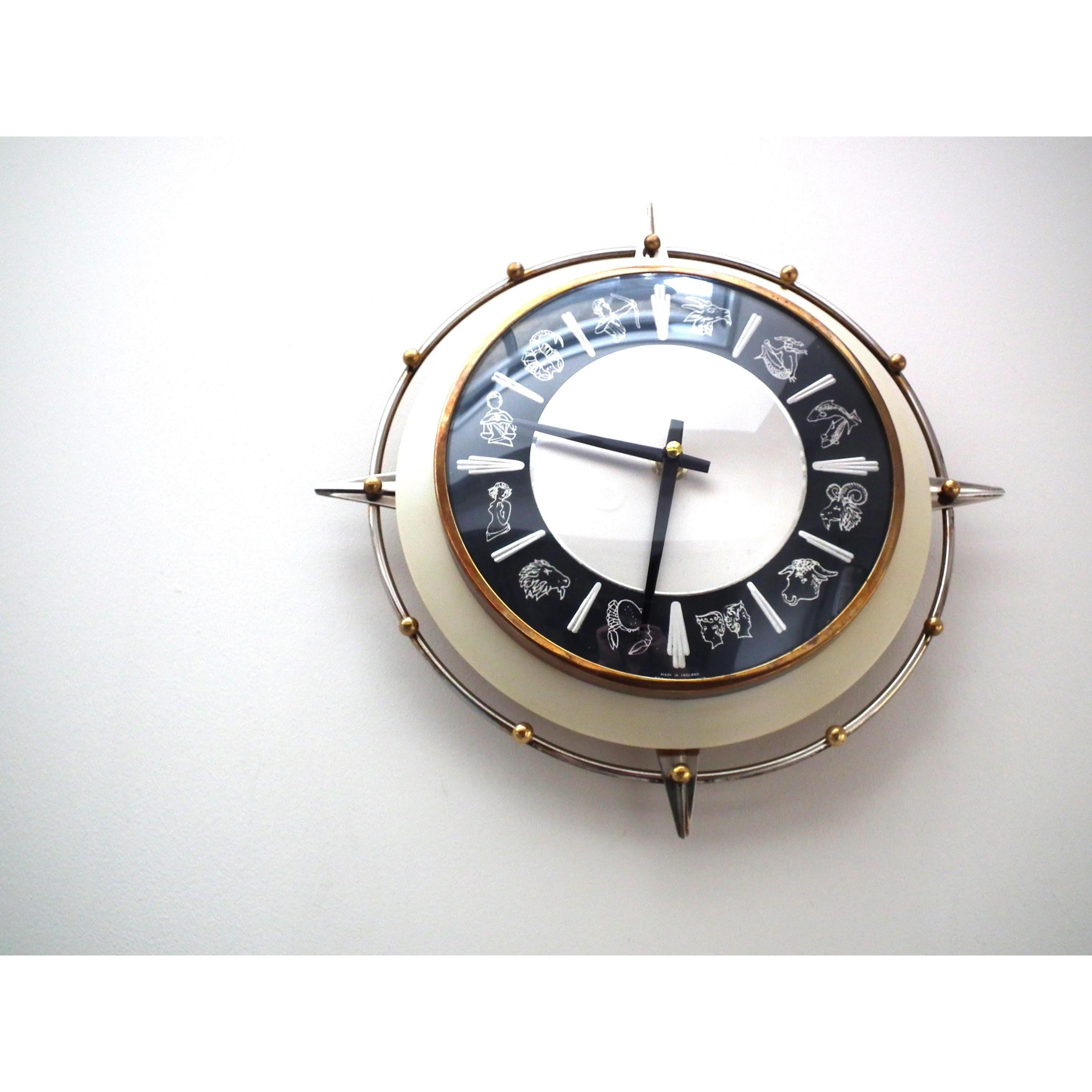 1960s Metamec Zodiac Wall Clock – Atomic Starburst Mid Century Modern Brass Bezel