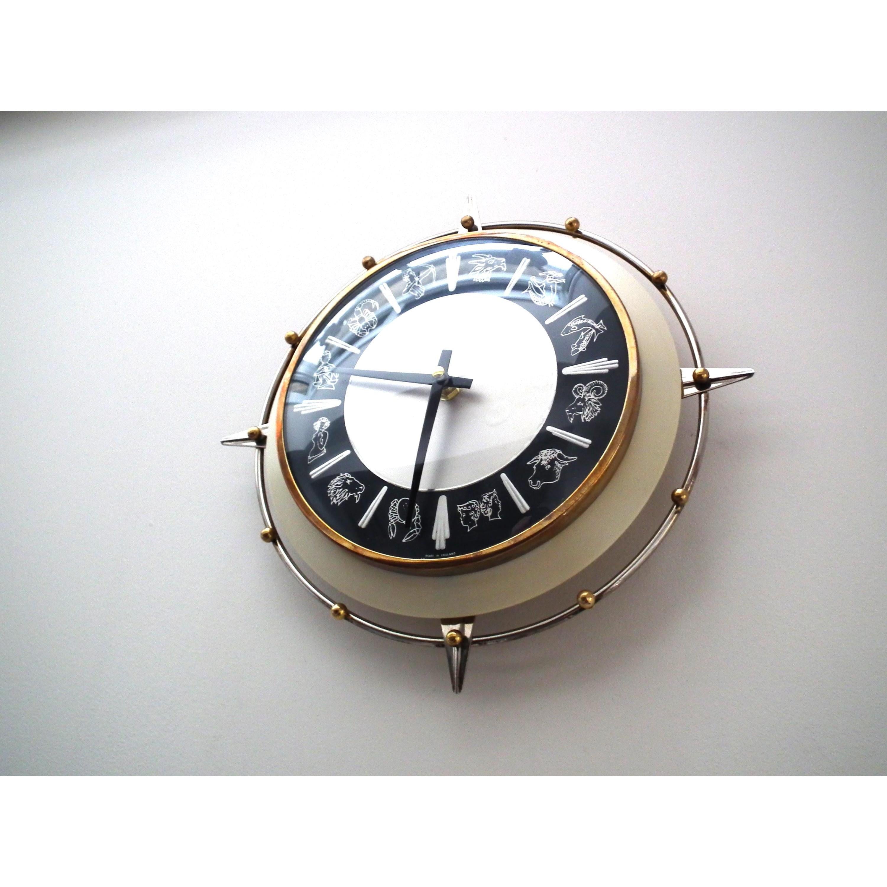 1960s Metamec Zodiac Wall Clock – Atomic Starburst Mid Century Modern Brass Bezel