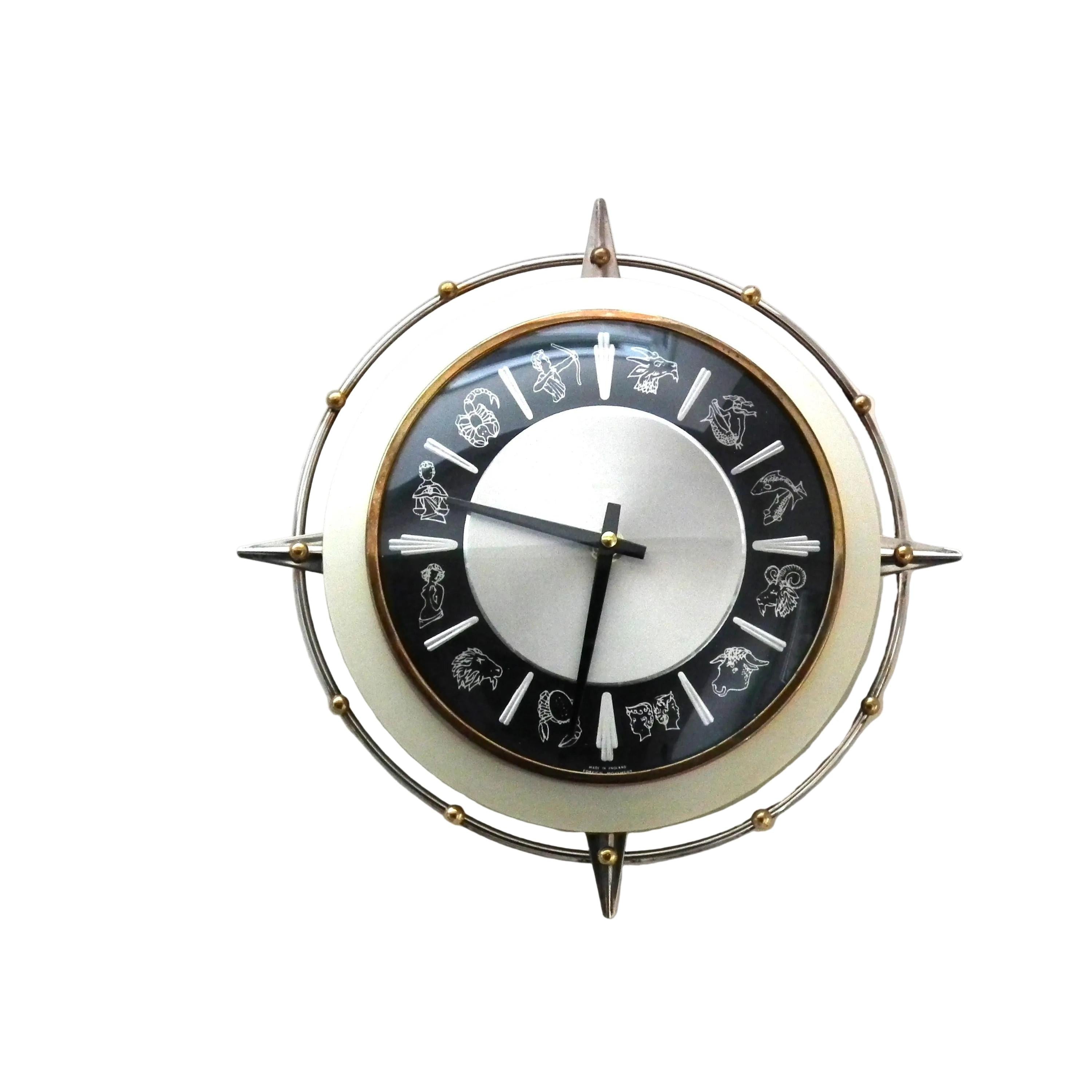 1960s Metamec Zodiac Wall Clock – Atomic Starburst Mid Century Modern Brass Bezel