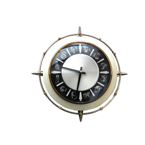1960s Metamec Zodiac Wall Clock – Atomic Starburst Mid Century Modern Brass Bezel