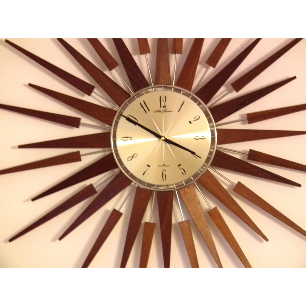 1960s Seth Thomas Teak Sunburst Clock – Large Mid Century Modern Starburst Wall Clock