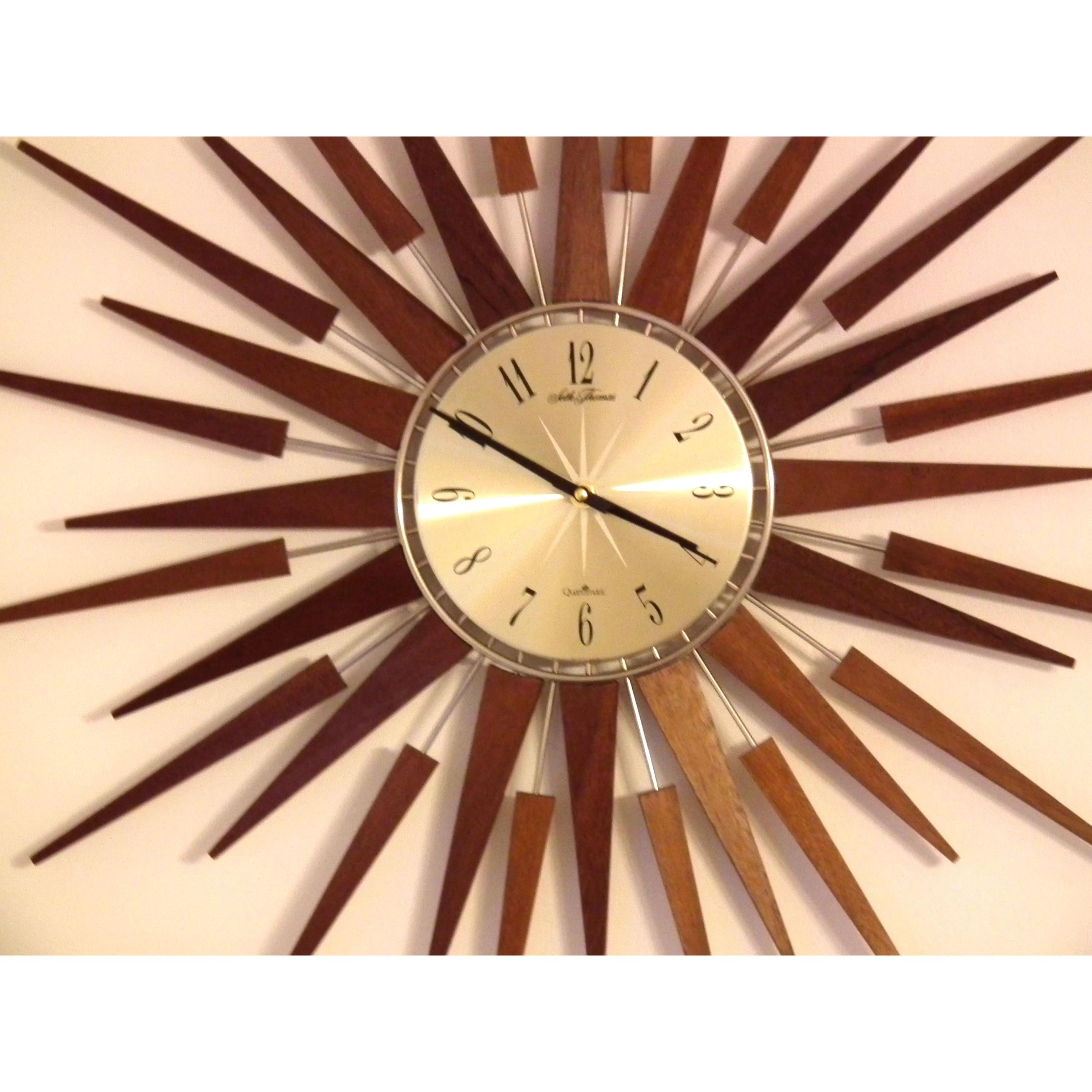 1960s Seth Thomas Teak Sunburst Clock – Large Mid Century Modern Starburst Wall Clock